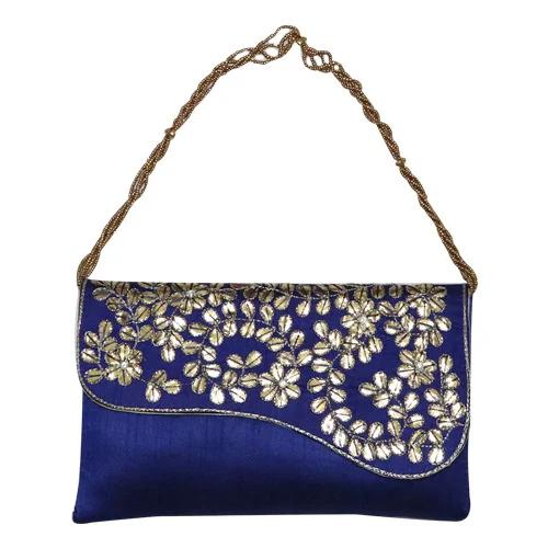 Royal Blue Raw Silk Embroidered Party Purse