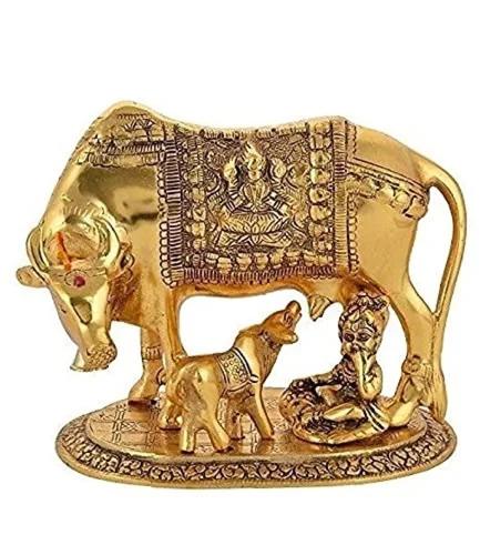 Antique Brass Handcrafted Kamadhenu Cow & Calf Idol
