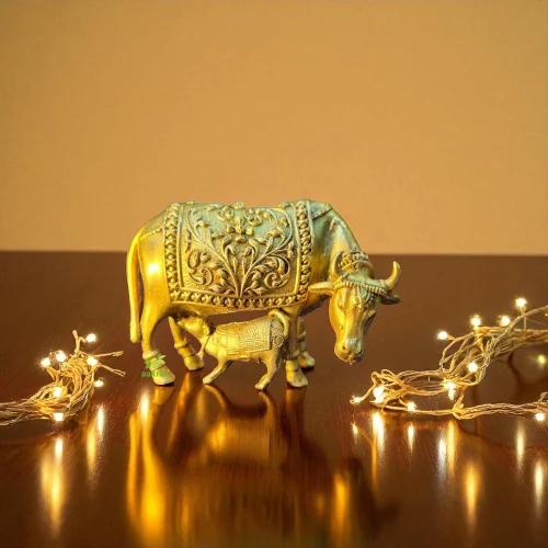 Hand-Engraved Yellow Brass Kamdhenu Cow Calf Idol