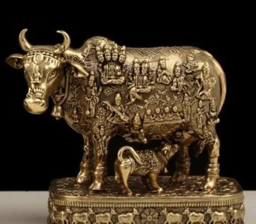 Sacred Brass Kamdhenu Cow with Deities Relief Idol