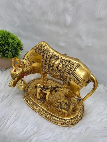 Lustrous Gold Plated Brass Kamdhenu Cow & Calf Statue