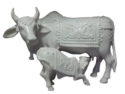 Pure White Makrana Marble Hand-Carved Kamdhenu Cow & Calf