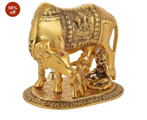 Devotional Brass Kamdhenu Surabhi Mother Cow & Calf Murti