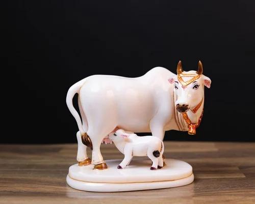 Makrana White Marble Gold-Embossed Kamdhenu Temple Statue