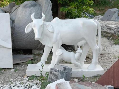 Polished White Composite Marble Kamadhenu Cow & Calf Statue