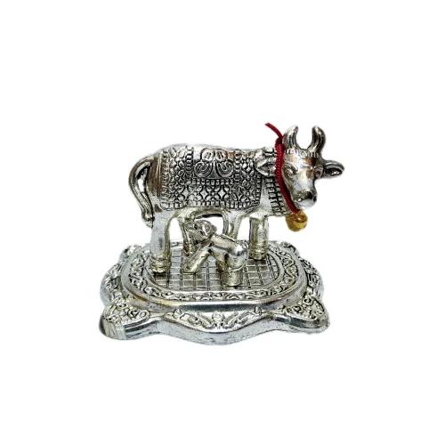 White Metal Silver Finish Kamdhenu Cow Calf Tabletop Idol