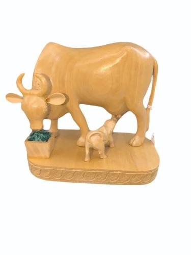 Handcrafted Natural Kadam Wood Carved Kamdhenu Cow & Calf